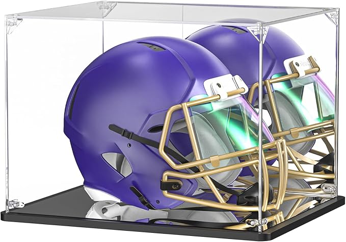Acrylic Football Helmet Display Case for Full Size Helmets, Clear Memorabilia Display Box with Double Mirrored Back & Base, Dustproof Showcase for Baseball & Motorcycle Helmets, Black Base
