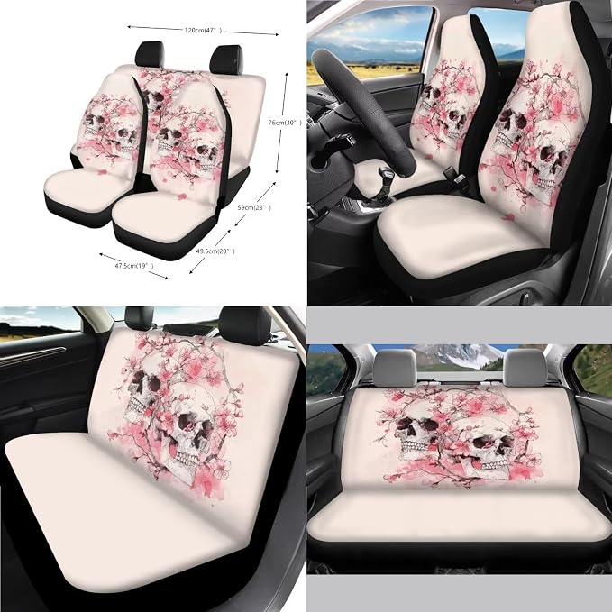 Skull Print Car Interior Cover Set of 14 Peach Blossom Print Front and Rear Split Bench Seat Covers with Steering Wheel Cover Center Console Pad Safety Belt Pads for SUV Truck Sedan