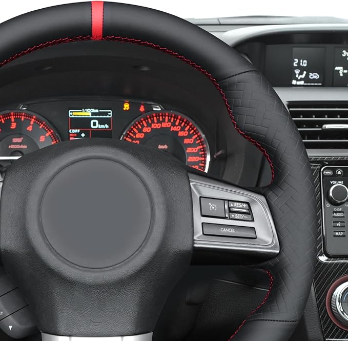 MEWANT Hand Stitch Black Smooth Woven Embossed Artificial Leather Steering Wheel Cover for Subaru WRX STI 2015-2021