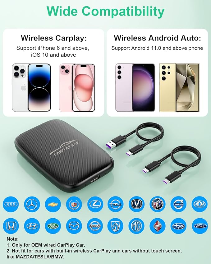 2025 New 4-in-1 Wireless CarPlay Adapter Support Netflix/YouTube/TF, Android Auto & Carplay Adapter with USB-A and USB-C Cables,Convert Wired to Wireless Apple Dongle, Video Box Car Play for iOS 10+