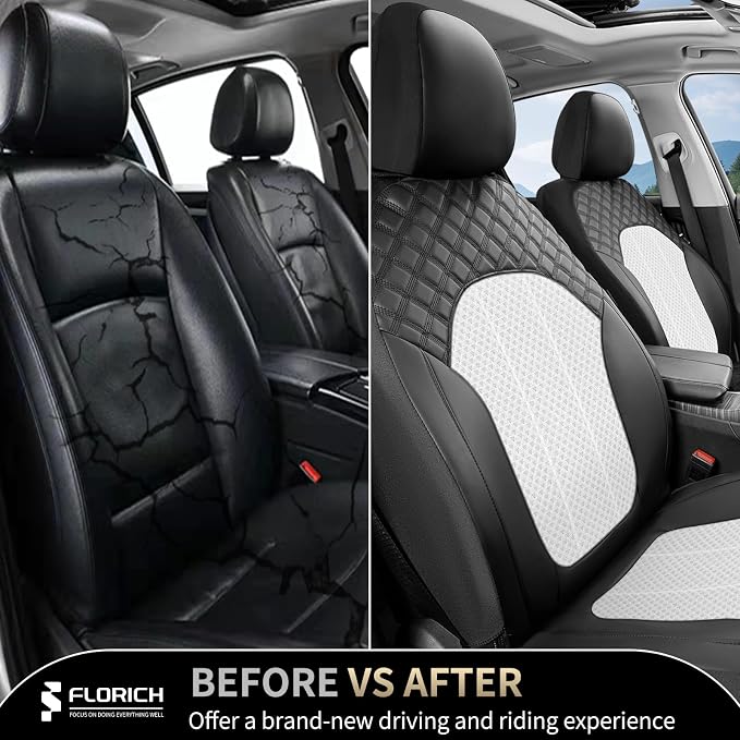 FLORICH Car Seat Cover Front Seats Breathable Mesh Leather Front Seat Covers 2 Pack Auto Seat Cover Airbag Compatible Driver Seat Cushion Protector Universal Fit for Most Car SUV Truck, Black&White