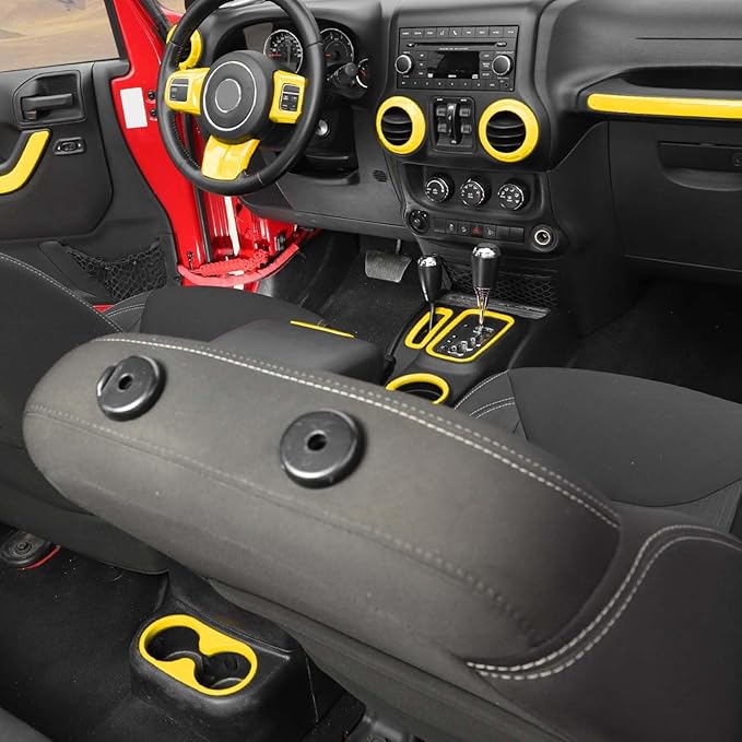 Hoolcar Steering Wheel Cover Gear Shift Panel Trim Cover Water Cup Holder Cover Kit Interior Accessories Kit Fit for Jeep Wrangler JK JKU 2011-2018, 4-Door, Yellow