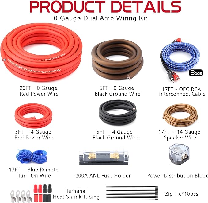 0 Gauge Dual Amp Wiring Kit Make Connections and Bring Power to Your Radio,Subwoofers and Speakers
