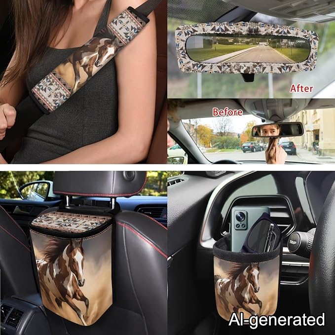Dreaweet Native American Horse Seat Covers for Cars Full Set Southwestern Tribal Car Accessories Steering Wheel Cover Seat Belt Pads Coasters Trash Bag Air Vent Storage Bag Rearview Mirror Cover