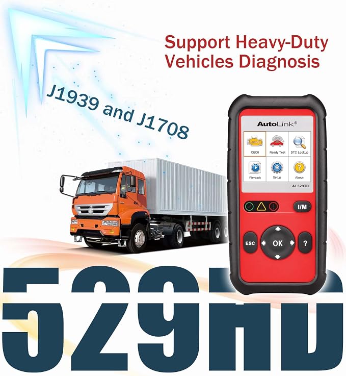 Autel AutoLink AL529HD Read/Erase Heavy Duty Engine DTCs Deutsch 9-Pin & 6-Pin Adapters One-Touch I/M Readiness/LED Indicator Support All 10 OBDII Test Modes Enhanced Mode 6 Diagnostics