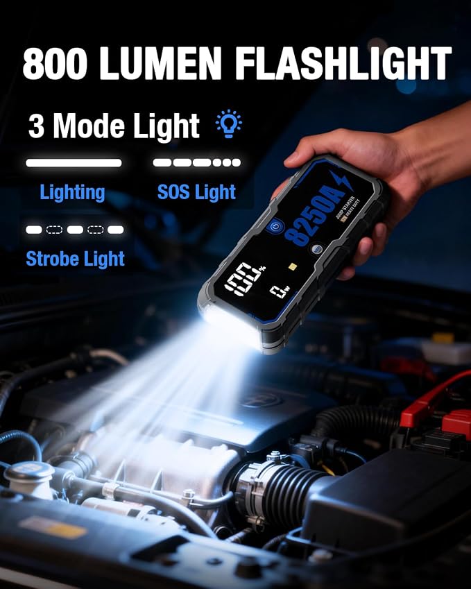 Portable 8250A Car Battery Jump Starter with PD-65W (for All Gas or 10.0+L Diesel), 12V Potable Car Jump Start with 4.01 inch HD Screen, 2 USB Power Bank 24-Months Stand-by Time