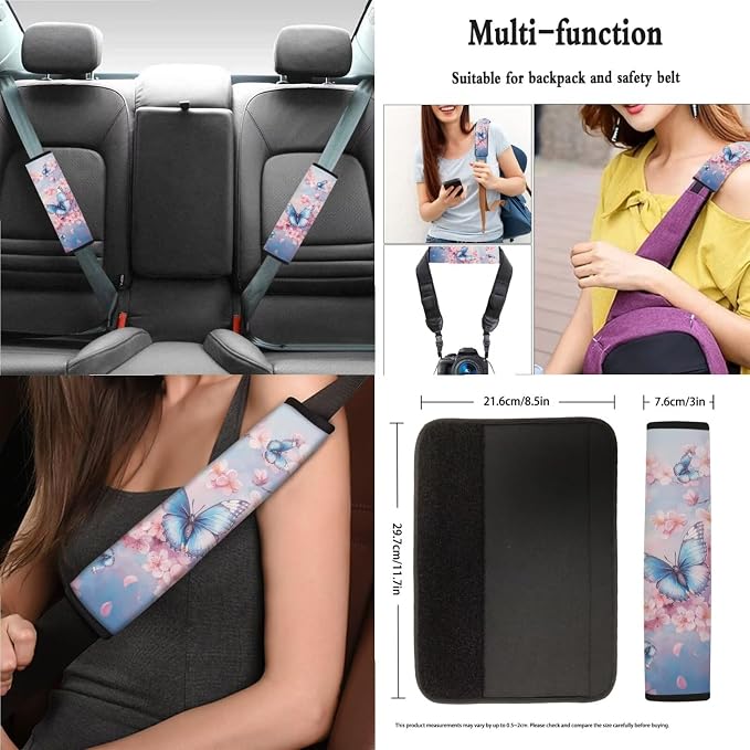 Butterfly Pink Cherry Blossom Print Car Accessories Car Seat Covers Full Set with Steering Wheel Covers+Seat Belt Pads+Coasters+Keychain+Lipstick Holder Universal Fit(13 Pack)