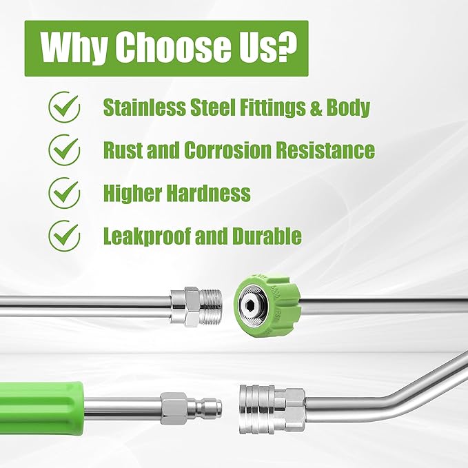 JOEJET Pressure Washer Extension Wand, 120” Power Washer Wand Extension with Molded Grip, Pressure Washer Accessories with 30°/90°/120° Curved Rods, 5 Nozzle Tips, 1/4” Quick Connect