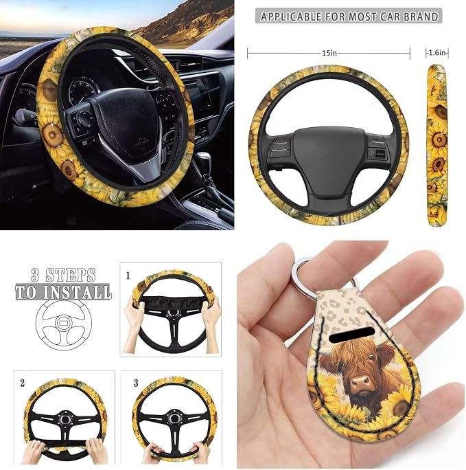 Highland Cow Sunflower Seat Cover for Car,12 Pack Auto Front Back Seat Covers Interior Protection with Auto Steering Wheel Cover Safety Seatbelt Pads Keychain for All Cars SUV Truck