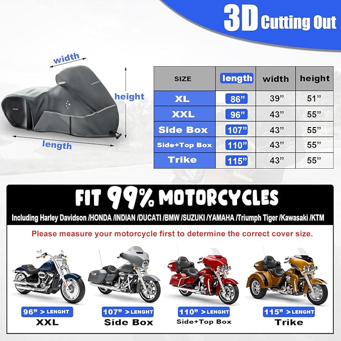 Motorcycle Cover LI LIBZAKI 600D Heavy Duty Storage All Season Universal Weather Waterproof Outdoor Protection 96" XXL Vehicle Cover/Gray