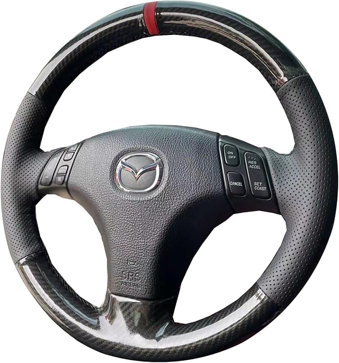 Hand-Stitched Gloss Carbon Fiber Steering Wheel Wrap for Mazda 3 Axela 2004-2009 / Mazda 5 2004-2010 / Mazda 6 Atenza 2003-2008 / Mazda RX-8 2004-2008 Interior Steering Wheel Protection Skin Cover