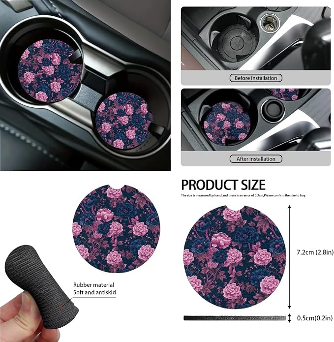 Peony Floral Pattern Car Accessories Set of 15 Bucket Seat and Rear Bench Cover Steering Wheel Cushion Seatbelt Pad Trash Bin Rearview Mirror Cover Keychain Air Outlet Bag Cup Holders