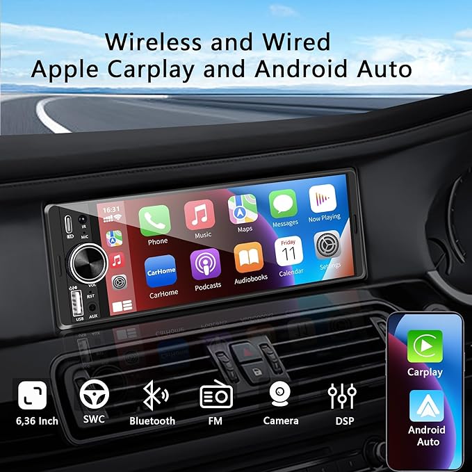 LSLYA Single Din Radio, Touchscreen Car Stereo for Wireless Apple Carplay,Android Auto, Radio para Carro with FM/USB/Mirror Link/Rear Camera/Car Steering Wheel Controller/Mirophone/Type-c/Aux