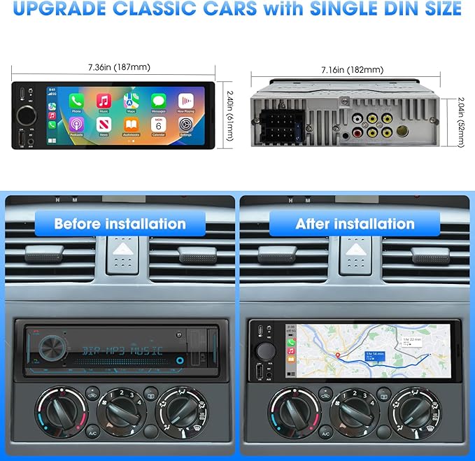 AKAMATE Single Din CarPlay Stereo: Android Auto Touchscreen Car Radio for Classic Vehicles - 6.5 Inch IPS Display GPS Navigation Voice Control Bluetooth AM FM Type-C Charge USB AUX