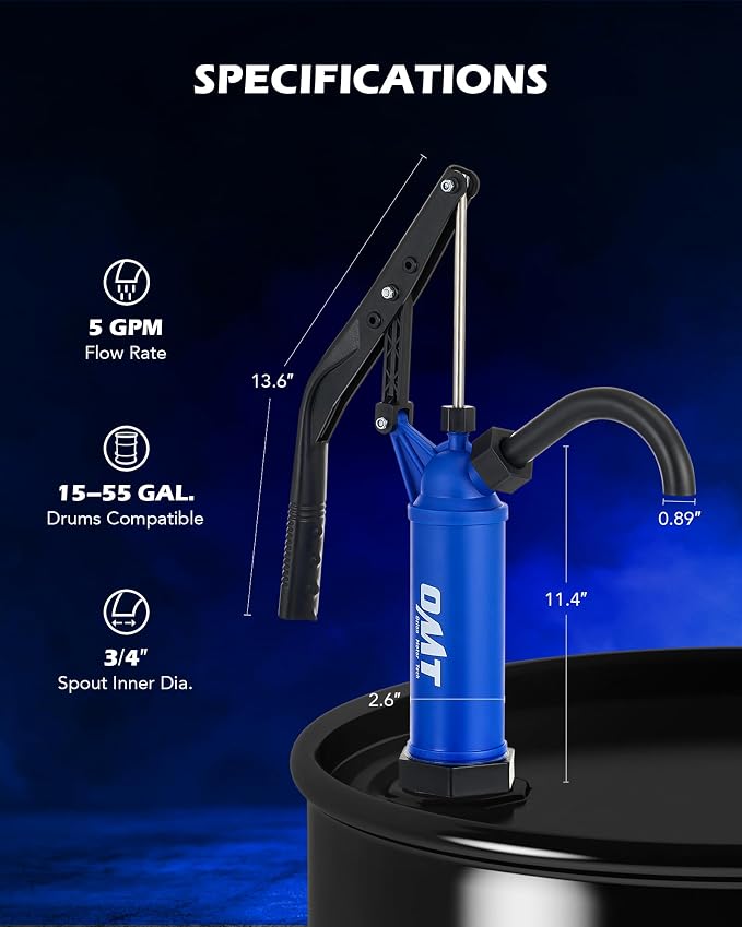 Orion Motor Tech 55 Gallon Drum Pump, for Transfer of Chemicals, Acidic Solutions, Fuels, Water Based Fluids, Fits 5 to 55 Gallon Drums & Barrels, Lever Action Barrel Pump, with 3 Suction Tube