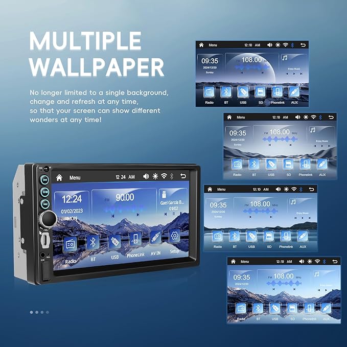 7 Inch Double Din Car Stereo with Wireless Carplay Android Auto Car Audio Receivers, Car Radio with Mirror Link, Bluetooth, SWC, FM, EQ, USB/Type C Charge 7 Color Light
