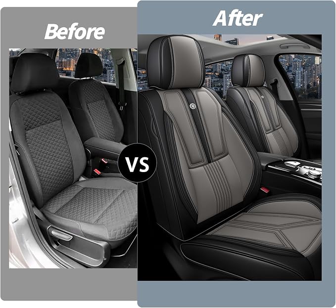 Arazi Fit for 98% of Mazda Seat Covers, 360° Full Wrap Original Seat Cover, Waterproof Nappa Leather Seat Covers with Big Space Storage Pocket Seat Protector（2 Seats Standard, Black&Gray）