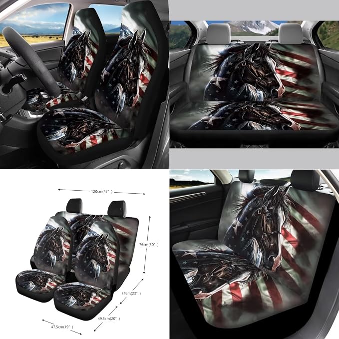 Wanyint Horse United States Flag 15 PCS Car Seat Cover Full Set, with Steering Wheel Cover Seat Belt Strap Cover Trash Can Rear View Mirror Cover Coaster Keychain Air Vent Storage Bag Car Decoration