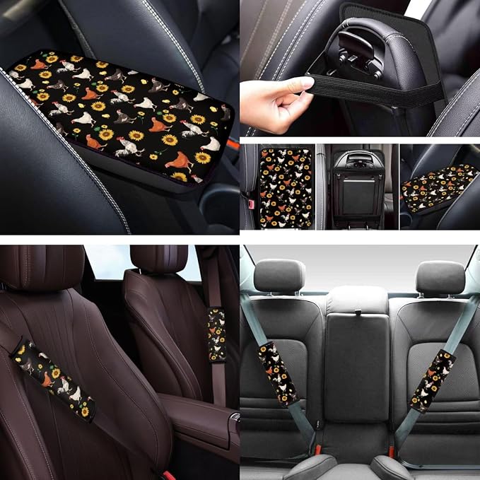 Cute Chicken Car Seat Covers Set 12 Pack with Steering Wheel Cover Auto Seat Belt Cover Cup Coasters Center Console Cover Car Accessories Universal Fit for Most Cars,SUVs