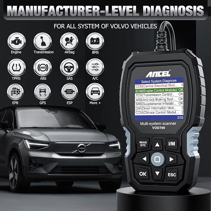 ANCEL VOD700 All System OBD2 Scanner for Volvo Car Code Reader Full Function Diagnostic Scan Tool ABS Bleeding Injector Oil ETC SRL BMS EPB TPMS DPF Reset Tool with Storage Bag