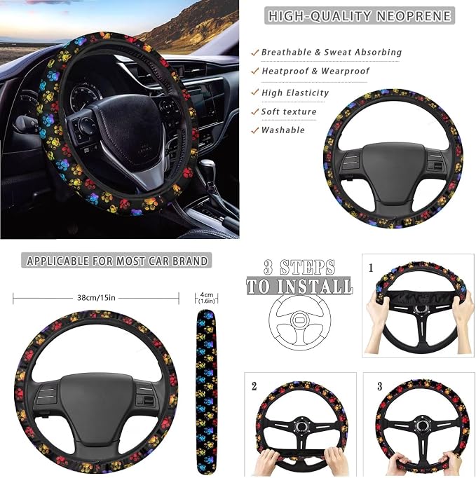 14 Pack Car Seat Covers Full Set Dog Paw Print Automotive Seat Covers with Steering Wheel Cover Center Console Pad Safety Belt Pads Gear Lever & Handbrake Covers for Dog Lovers