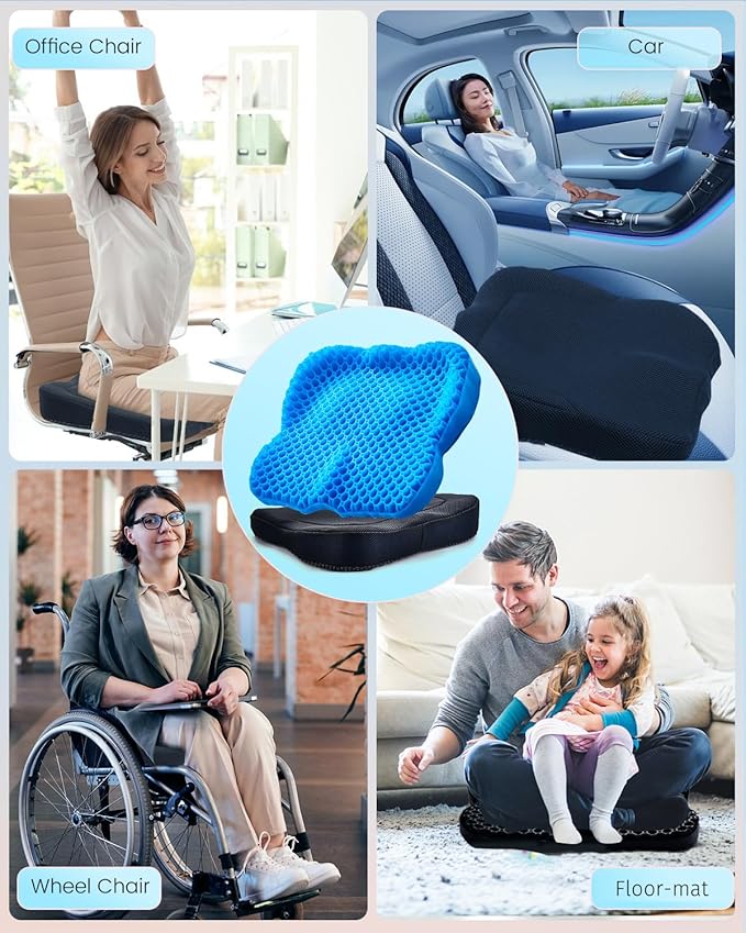 Thickened Gel Seat Cushion, Egg Gel Chair Pads for Wheelchair Pressure Coccyx Sciatica Pain Relief, Cooling Desk Seat Cushion for Kayak, Car, Office Chair Long Sitting[Blue-2.75"]