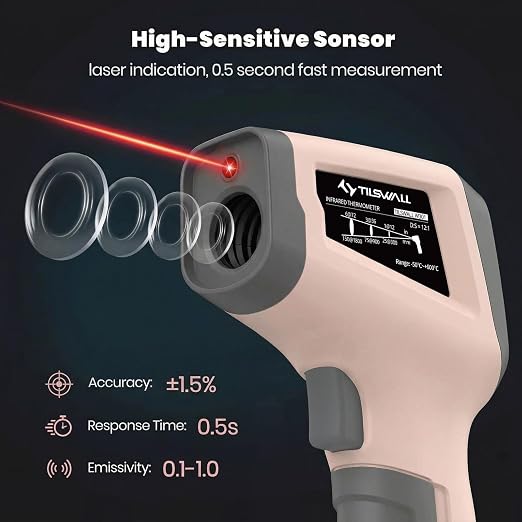 Tilswall Infrared Thermometer Gun, Laser Temperature Gun, -50°C~600°C (-58F~1112F) with Adjustable Emissivity, for Cooking/BBQ/Vehicle Repair, Meat Thermometer Included, Not for Human(Pink),W301