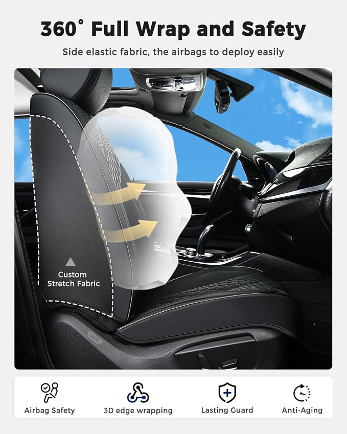 Huidasource Front Seat Covers, Luxury Nappa Leather Car Seat Covers Front Seats with Airbag, Lumbar Support, Cooling＆Heating, Seatbelt Buckles, Driver Seat Cover Fit for Most Cars SUV Trucks, Black