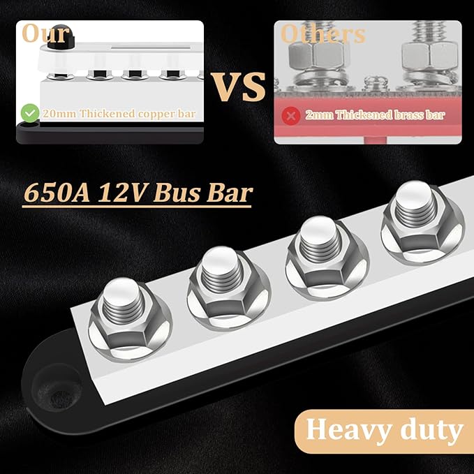 650A 12V Bus Bar Marine 12V - 48V Power Distribution Block with Cover with 6 x 3/8” (M10) Post,Battery 12V Bus Bar with 4PCS Battery Lugs and 4PCS Heat Shrink Tubing for Car Boat Marine