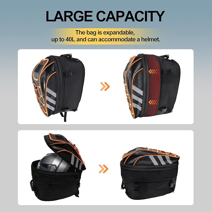 Motorcycle Helmet Backpack, 50L Expandable Motorcycle Tail Bag with Waterproof Rain Cover, Backpack & Rear Seat Bag, Fits Full Face Helmet for Motocross, Scooter, Street Bike
