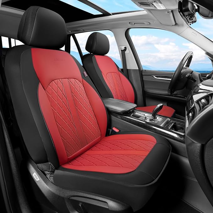 Coverado Universal Leather Seat Covers Front Seats, 2-Pack Seat Covers for SUV, Pickup Truck, Sedan, Automotive Vehicle Interior, Waterproof and Durable All Weather Protector，Red