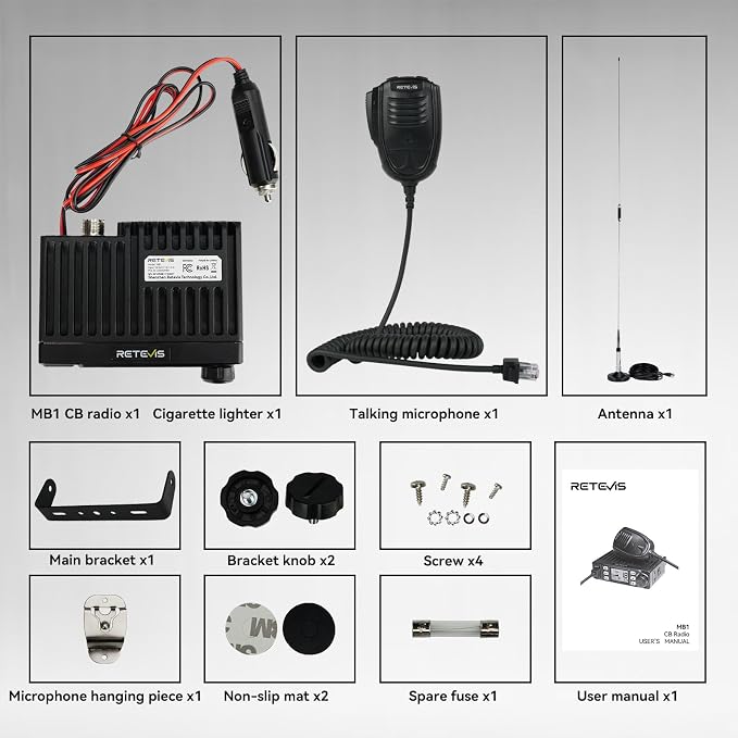 Retevis MB1 CB Radio Kit, Noise Cancellation AM/FM Mini CB Radio with Antenna, 12V/24V Cigarette Lighter Plug, 7-Color Screen, Emergency Channel 9/19, VOX, Auto-Scan, for Truckers