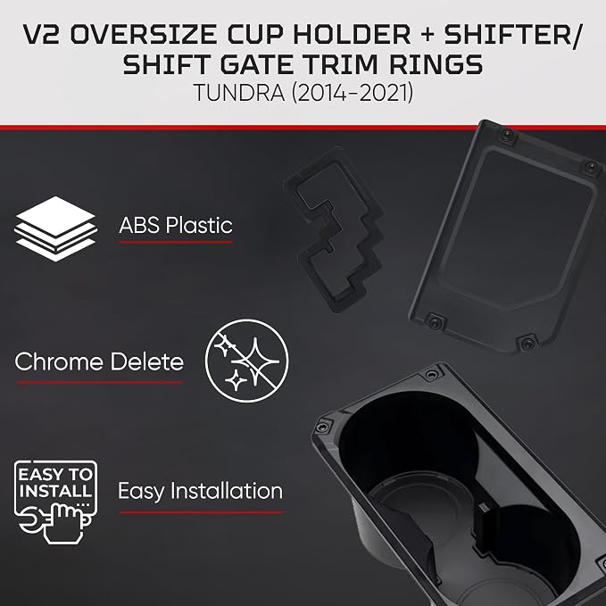 AJT Design V2 Cup Holder & Shifter Kit Compatible with Toyota Tundra 2014-2021 | Oversized Cup Holder Insert, Gear Shifter Cover, Shifter Trim Rings, Center Console Shifter Cover - Black