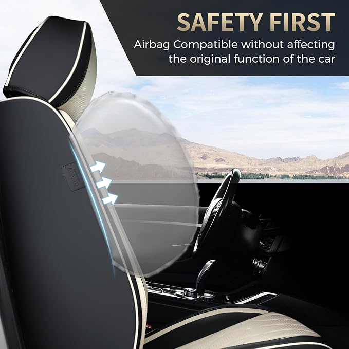 FLORICH Leather Seat Cover Front Seats Automotive Car Seat Covers Front Seat Cover Waterproof Car Seat Protector with Lumbar Support 2 Pack Universal Fit for Most Cars Sedans Trucks SUV, Black&Beige