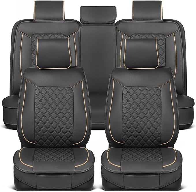 MotorBox Prestige Edition Napa Leather Car Seat Covers Full Set, Open Sides Leather Seat Covers, Premium PU Leatherette Black & Beige Seat Covers for Cars Trucks SUVs, Front and Rear Seat Cover Set