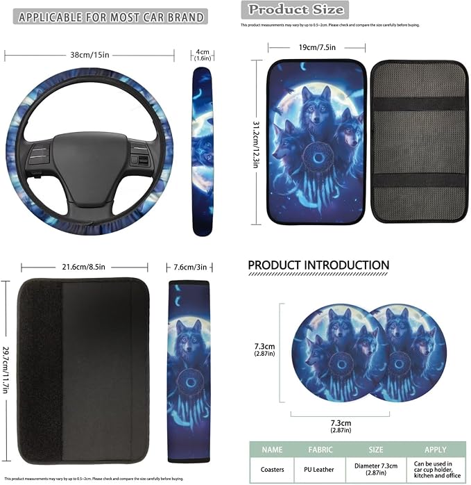 Bulopur Wolf Dreamcatcher Vehicle Seat Covers Set with 15 Inch Steering Wheel Cover Breathable Center Console Cover Seat Headrest Covers Seat Belt Pads Car Interior Accessories Set for SUV Van Sedan