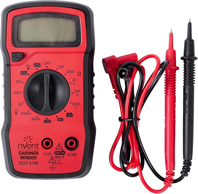 Gardner Bender GDT-3190 Digital Multimeter, 4 Function, 14 Range, Tests AC/DC Voltage, Resistance, and Battery, Manual Ranging, Auto-Off, 1/Each, Red With Black Rubber Boot