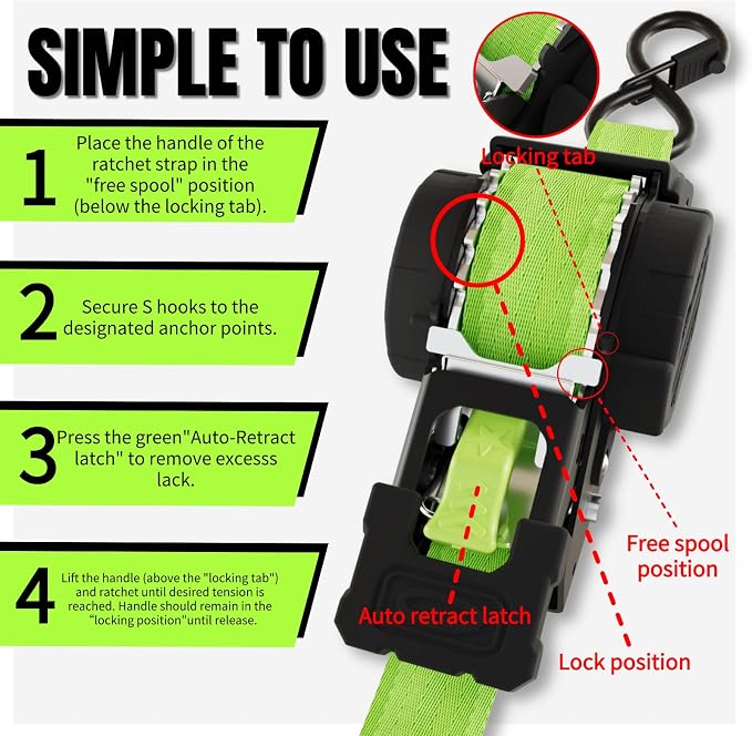 Retractable Ratchet Straps 1 Inch x 12 Feet Heavy Duty Tie Downs,1760lb Break Strength,Self Retracting for Truck,Cargo,Trailer,Motorcycle,ATV,UTV (Fluorescent Green, 4pack)