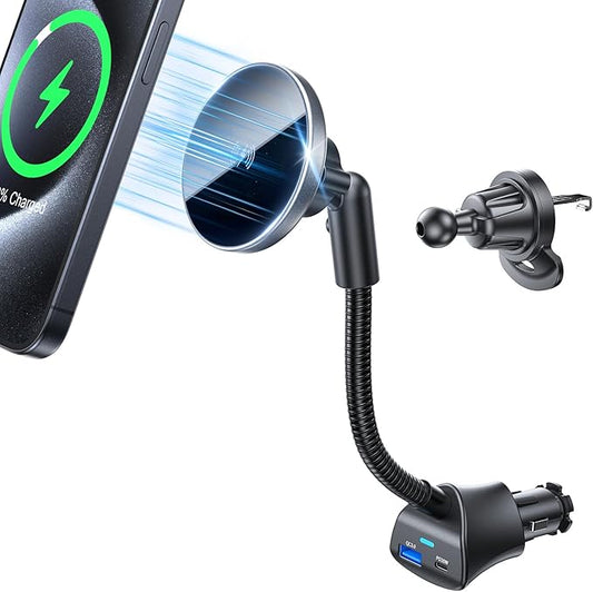 for Car Mount Charger 15W Wireless Car Cigarette Lighter Phone Charger, Cigarette Lighter Phone Mount with Dual Port PD&QC3.0 Fast Charging for iPhone 15 Pro Plus Max 14 13 12