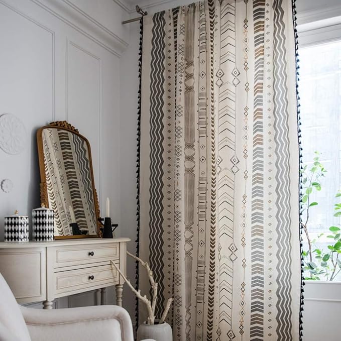 ColorBird Boho Curtains 2 Panels 90 Inches Long Patterned Print Western Aztec Light Filtering Semi-Blackout Curtain with Black Tassel Rod Pocket Window Treatment Long Drapes for Living Bedroom Closet