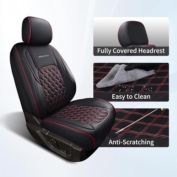 Huidasource Dodge Ram Seat Covers, Front & Rear Pickup Truck Leather Seat Cover Fit for 2009-2018 1500, 2010-2025 2500/3500 Crew Mega Cab, 2019-2025 ram 1500 Classic only(Full Set/Black&Red)