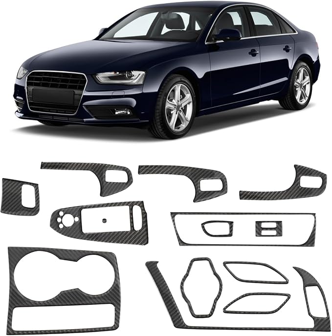 13PCS Real Carbon Fiber Interior Trim Kit Compatible with 2009–2016 Audi A4, Full Set Decor Stickers for Gear Shift, Center Console, Cup Holder, Door Armrest, Headlight Switch, Keyhole Frame