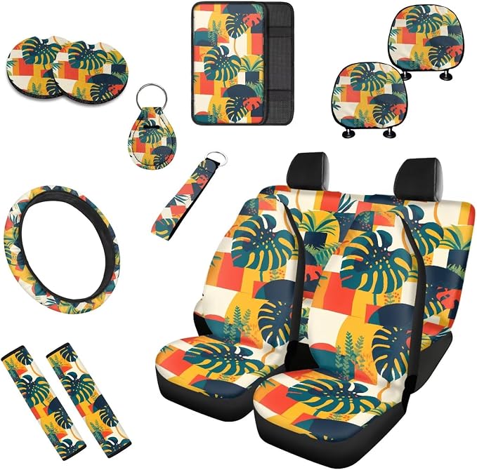 10 Pack Hawaii Monstera Car Seat Covers, Island Tropical Monstera Front Seats Rear Bench Polyester Car Seat Protectors, Modern Colorful Block Universal Cars Interior