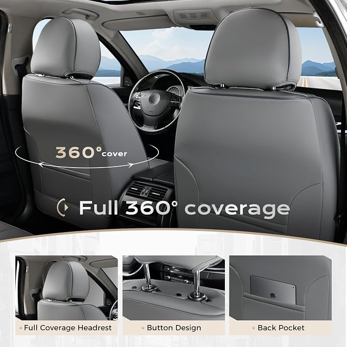 Coverado Seat Covers, Car Seat Covers Full Set, Leather Seat Covers for Cars, Car Seat Protector, Gray Car Seat Covers Front Seats and Back Seats Universal Fit for Most Cars Beige