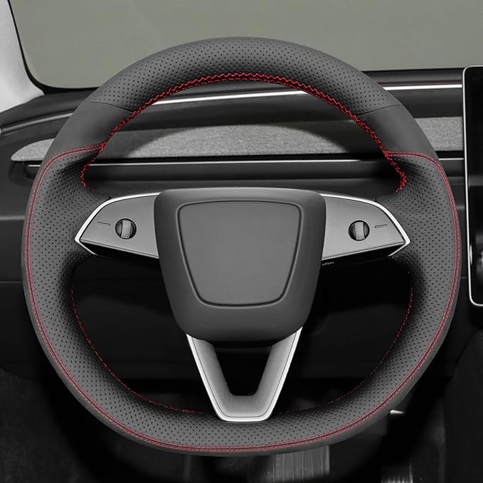 MEWANT Hand Stitch Black Suede Perforated Genuine Leather Steering Wheel Cover for 2024 Tesla Model 3 Highland