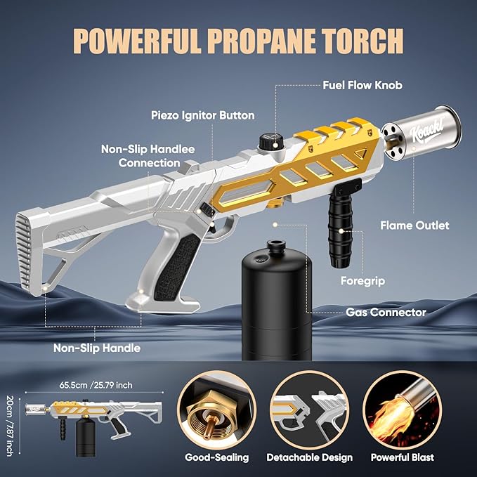 Koackl Powerful Propane Torch, Blow Torch with Adjustable Flame, Flamethrower Kitchen Torch Burner Gas Welding Kits for Grill, BBQ, Searing Steak, Camping & Charcoal Torch Lighter Golden