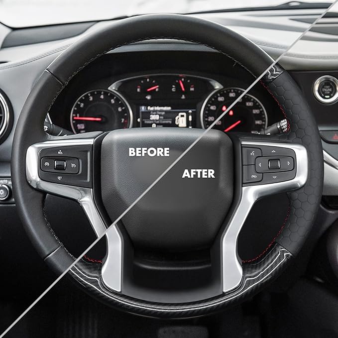MEWANT Steering Wheel Cover for Chevy Silverado 1500 2019-2024/2500 3500 2020-2024/Blazer 2019-2024/Suburban Tahoe 2021-2024 Carbon Fiber Hand-Stitched Steering Wheel Wrap
