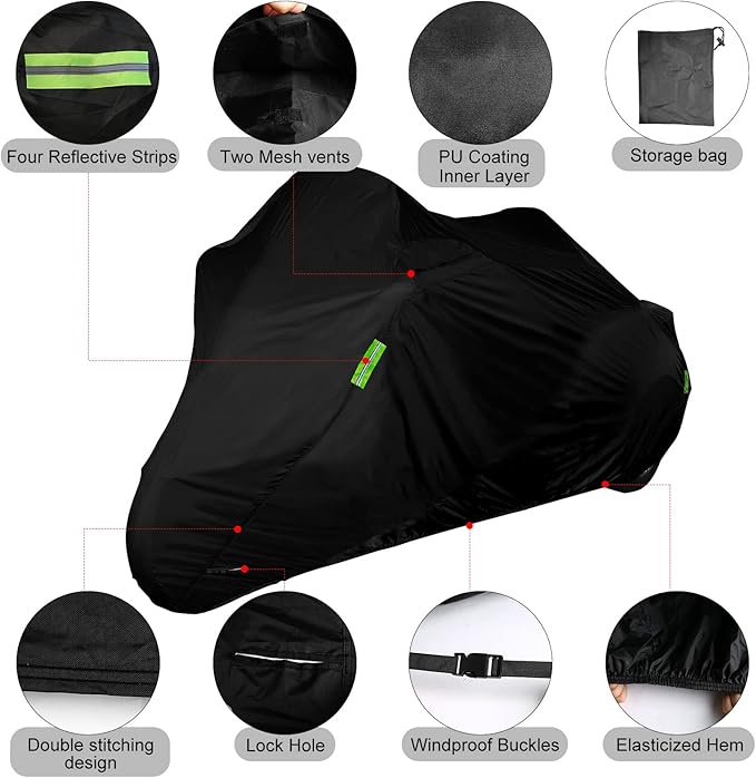 Waterproof Trike Cover Replace for Harley-Davidson and Honda Trike, 420D Oxford Cloth Heavy Duty Trike Cover with Reflective Strips for Snow Rain Dust Hail Protection