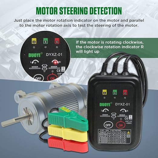 Phase Rotation Meter 3 Phase Sequence & Motor Rotation Tester, Non Contact Voltage Tester Short Detection 70V~600V AC Live Wire Inspection, with 23.62inch Cable Length,Carrying Bag