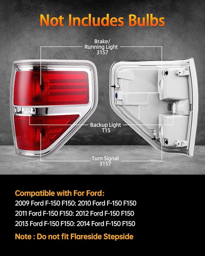 OKLPF Rear Brake Tail Lights Compatible With 2009 2010 2011 2012 2013 2014 Ford F150 F-150,Replace Silver Taillights Assembly Red Chrome Tail Lights,Not Included Bulbs,Right Passenger Side